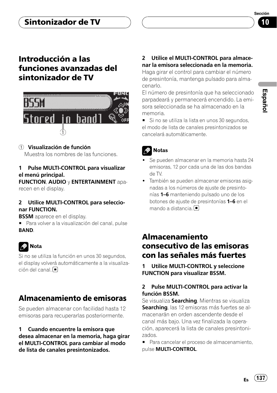 Introducción a las funciones avanzadas del, Sintonizador de tv, Almacenamiento de emisoras | Almacenamiento consecutivo de las, Emisoras con las señales más fuertes | Pioneer DEH-P88RS User Manual | Page 137 / 180