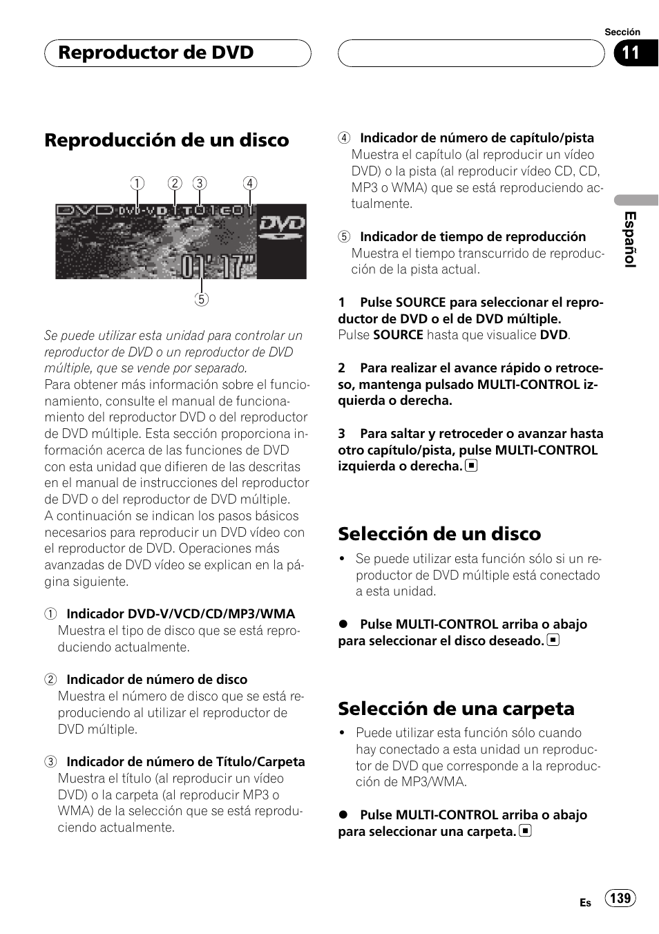 Reproductor de dvd reproducción de un disco, Selección de un disco, Selección de una carpeta | Reproducción de un disco, Reproductor de dvd | Pioneer DEH-P88RS User Manual | Page 139 / 180
