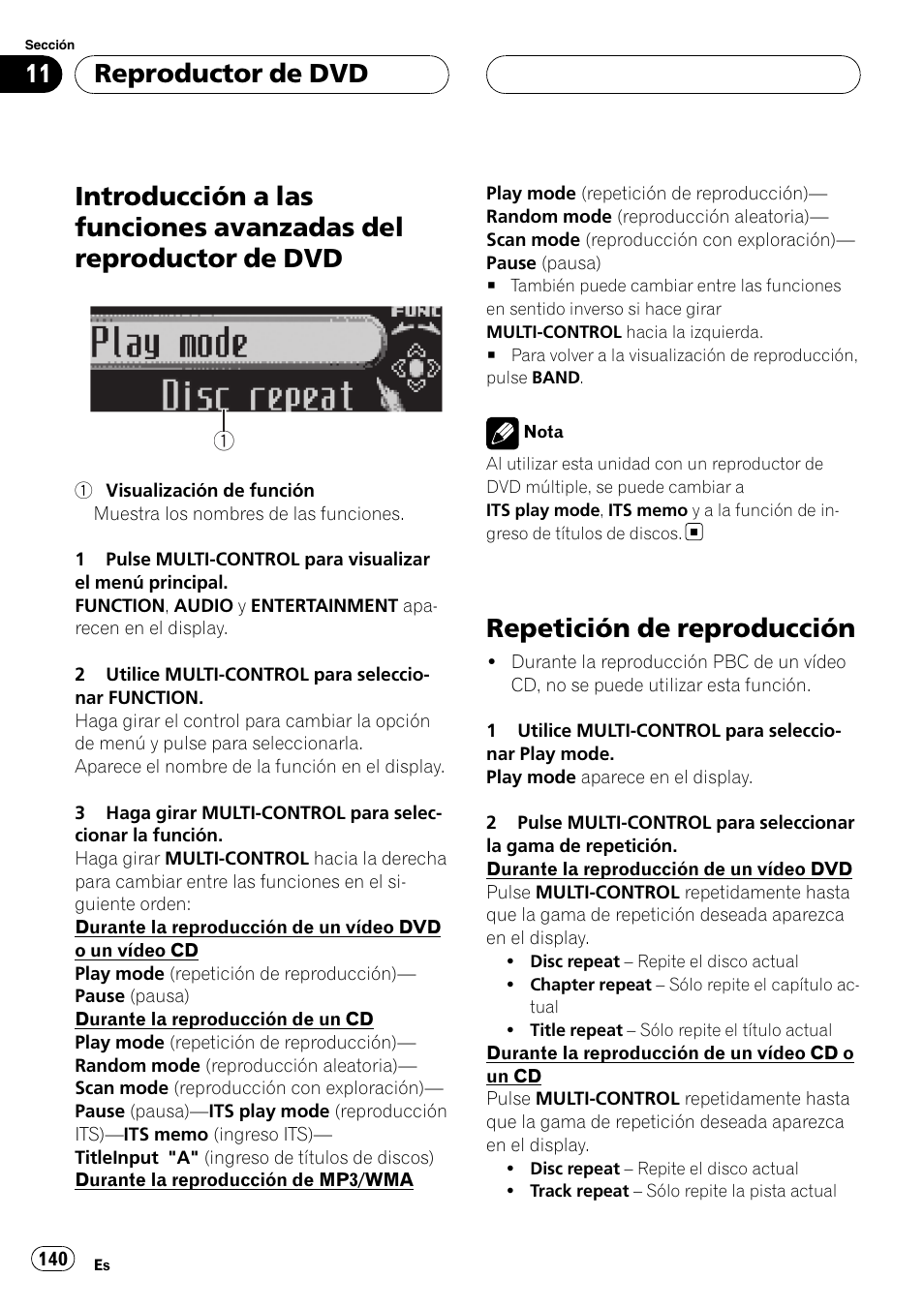 Introducción a las funciones avanzadas del, Reproductor de dvd, Repetición de reproducción | Pioneer DEH-P88RS User Manual | Page 140 / 180