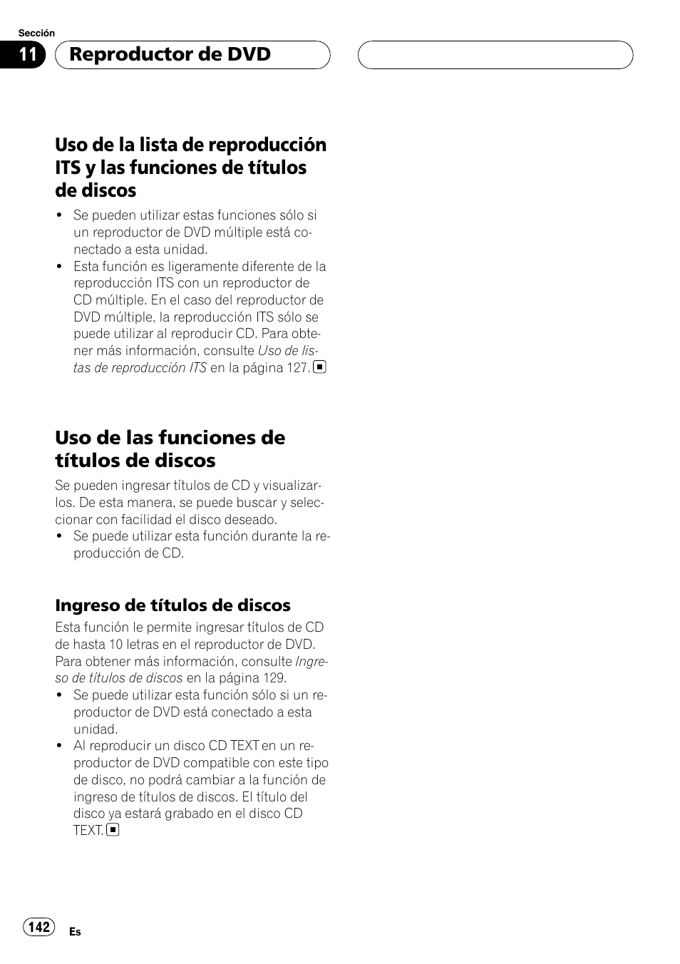 Uso de la lista de reproducción its y las, Funciones de títulos de discos, Uso de las funciones de títulos de | Discos, Ingreso de títulos de discos 142, Uso de las funciones de títulos de discos, Reproductor de dvd | Pioneer DEH-P88RS User Manual | Page 142 / 180