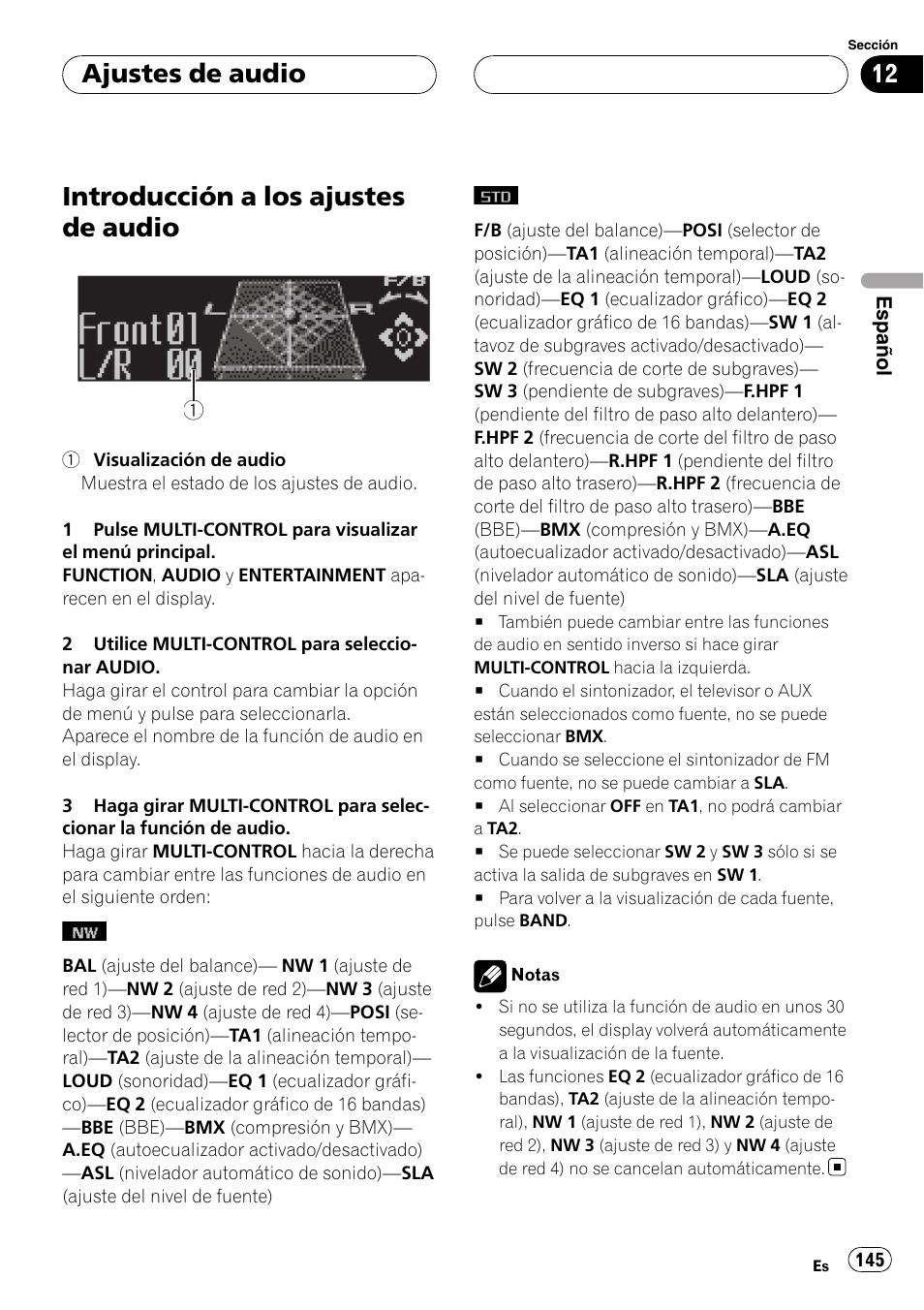 Introducción a los ajustes de audio, Ajustes de audio | Pioneer DEH-P88RS User Manual | Page 145 / 180