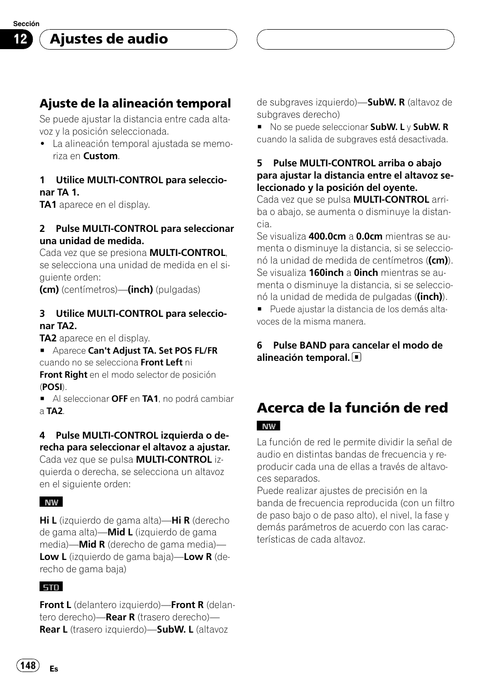Ajuste de la alineación temporal 148, Acerca de la función de red, Ajuste de la alineación temporal | Ajustes de audio | Pioneer DEH-P88RS User Manual | Page 148 / 180