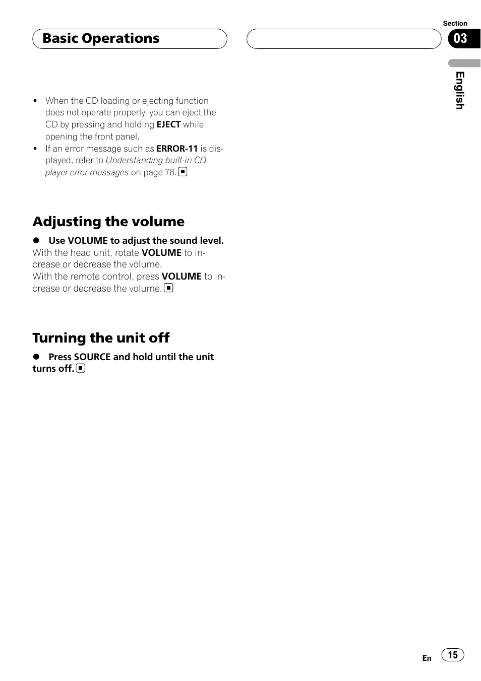 Adjusting the volume, Turning the unit off, Basic operations | Pioneer DEH-P88RS User Manual | Page 15 / 180
