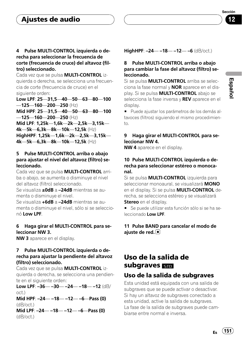 Uso de la salida de subgraves, Uso de la salida de subgraves 151, Ajustes de audio | Pioneer DEH-P88RS User Manual | Page 151 / 180