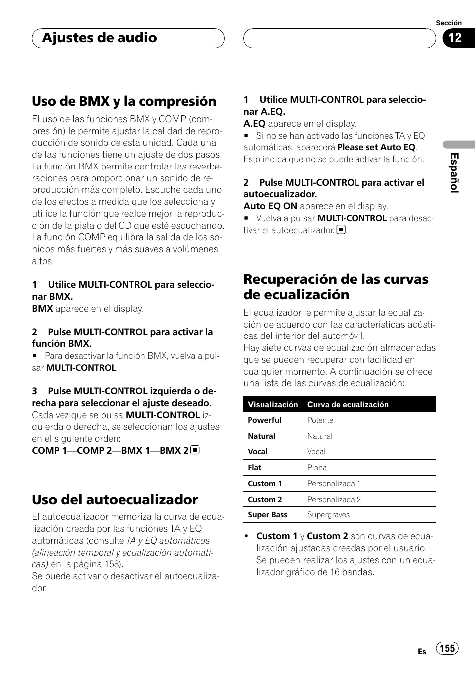 Uso de bmx y la compresión, Uso del autoecualizador, Recuperación de las curvas de | Ecualización, Recuperación de las curvas de ecualización, Ajustes de audio | Pioneer DEH-P88RS User Manual | Page 155 / 180