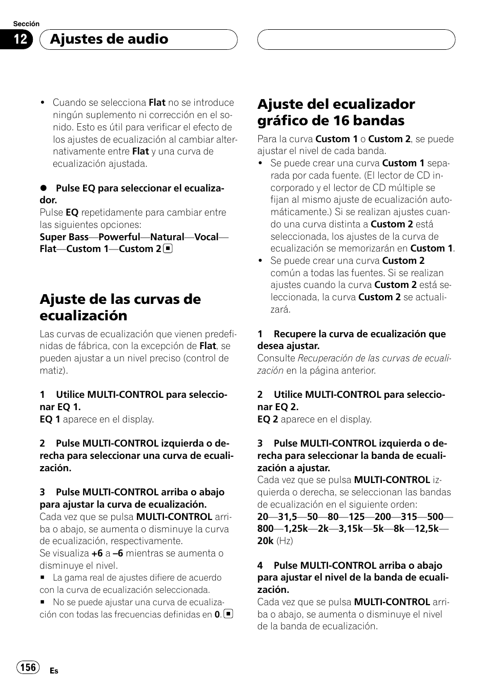 Ajuste de las curvas de ecualización, Ajuste del ecualizador gráfico de 16, Bandas | Ajuste del ecualizador gráfico de 16 bandas, Ajustes de audio | Pioneer DEH-P88RS User Manual | Page 156 / 180