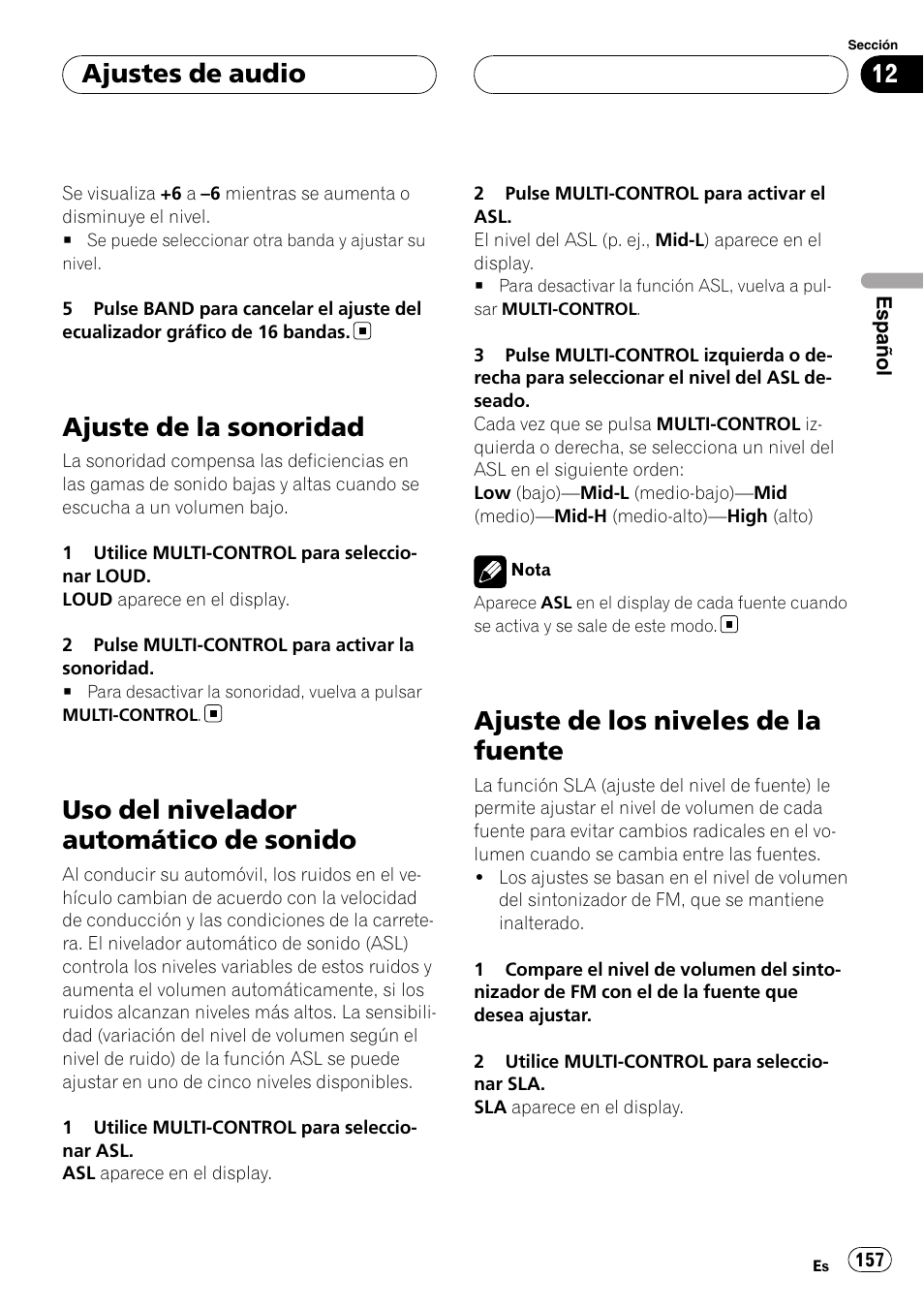 Ajuste de la sonoridad, Uso del nivelador automático de sonido, Ajuste de los niveles de la fuente | Ajustes de audio | Pioneer DEH-P88RS User Manual | Page 157 / 180