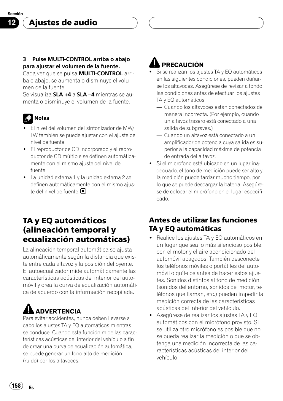 Ta y eq automáticos (alineación temporal y, Ecualización automáticas), Antes de utilizar las funciones ta y eq | Automáticas, Ajustes de audio | Pioneer DEH-P88RS User Manual | Page 158 / 180