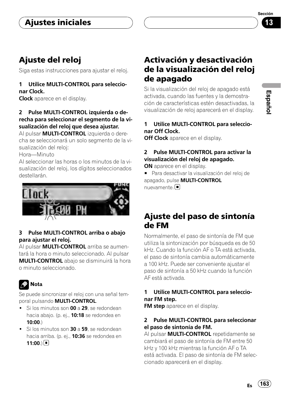 Ajuste del reloj, Activación y desactivación de la visualización, Del reloj de apagado | Ajuste del paso de sintonía de fm, Ajustes iniciales | Pioneer DEH-P88RS User Manual | Page 163 / 180