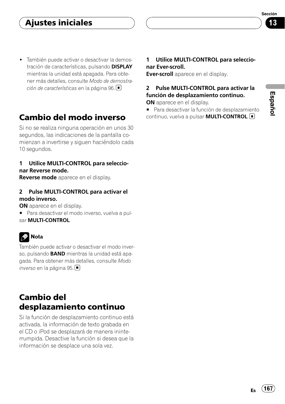 Cambio del modo inverso, Cambio del desplazamiento continuo, Ajustes iniciales | Pioneer DEH-P88RS User Manual | Page 167 / 180