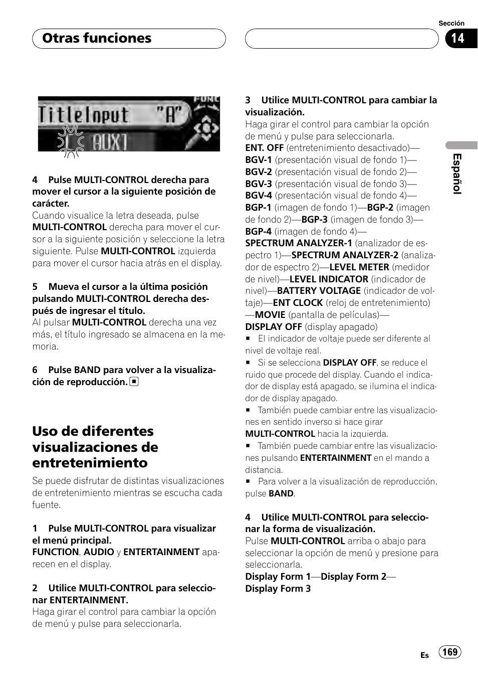 Uso de diferentes visualizaciones de, Entretenimiento, Otras funciones | Pioneer DEH-P88RS User Manual | Page 169 / 180