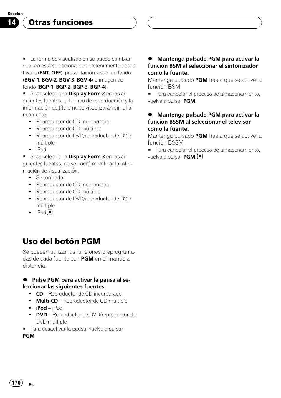 Uso del botón pgm, Otras funciones | Pioneer DEH-P88RS User Manual | Page 170 / 180