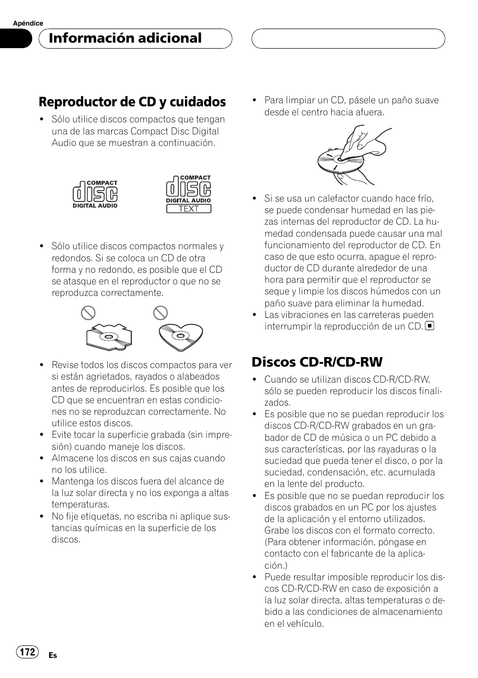 Reproductor de cd y cuidados, Discos cd-r/cd-rw, Información adicional | Pioneer DEH-P88RS User Manual | Page 172 / 180