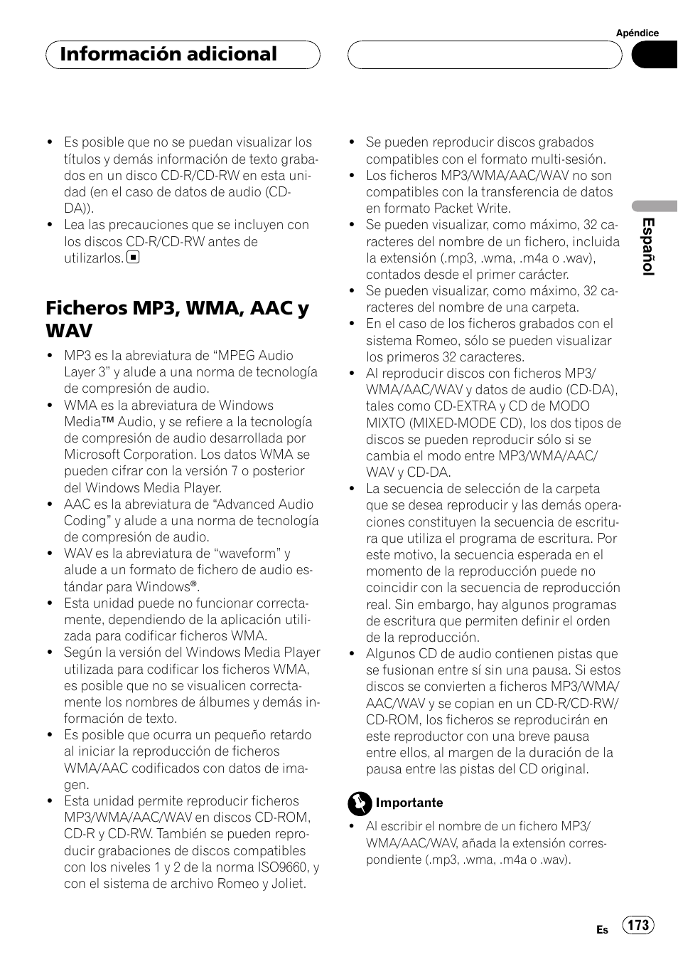 Ficheros mp3, wma, aac y wav, Información adicional | Pioneer DEH-P88RS User Manual | Page 173 / 180