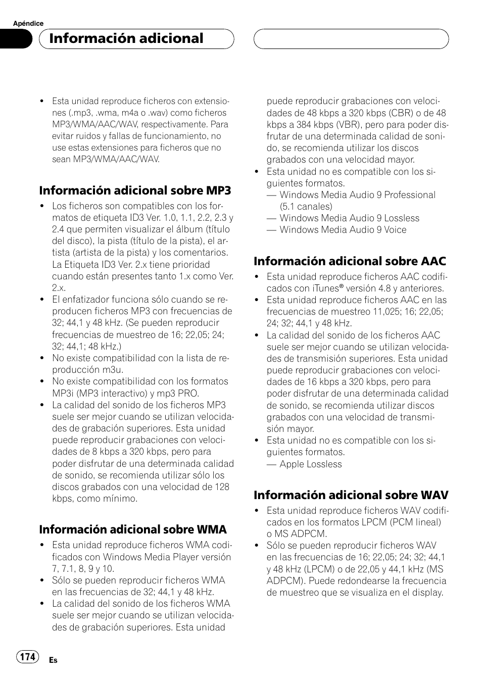 Información adicional sobre mp3 174, Información adicional sobre, Información adicional sobre aac 174 | Información adicional sobre wav 174, Información adicional, Información adicional sobre mp3, Información adicional sobre wma, Información adicional sobre aac, Información adicional sobre wav | Pioneer DEH-P88RS User Manual | Page 174 / 180