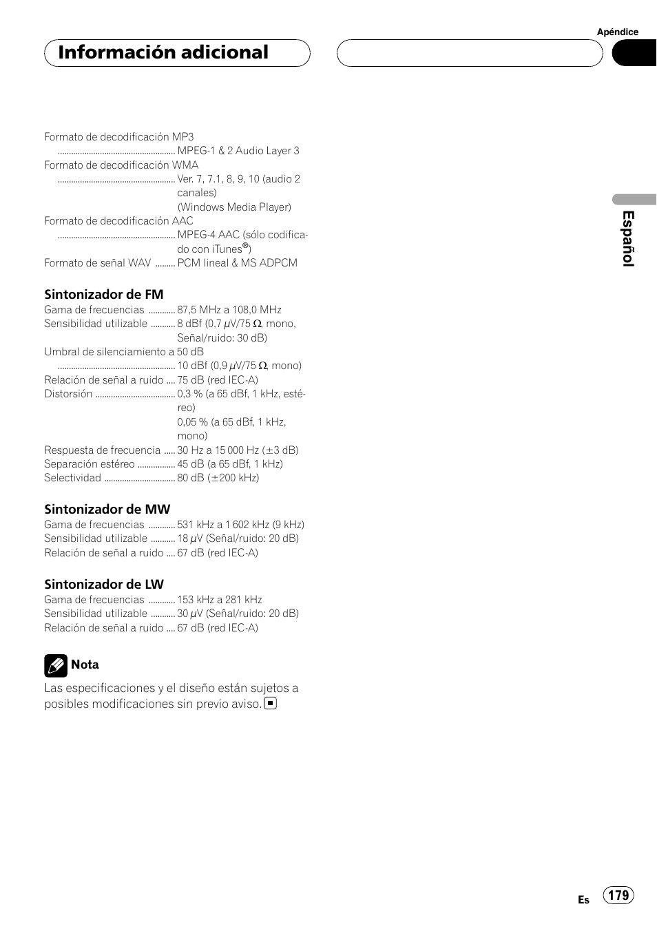 Información adicional, Español | Pioneer DEH-P88RS User Manual | Page 179 / 180