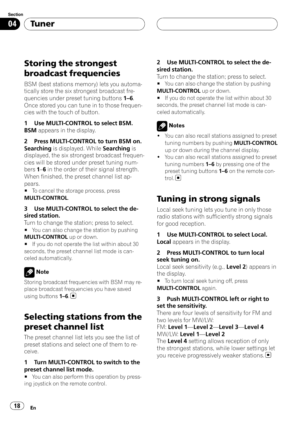 Storing the strongest broadcast, Frequencies, Selecting stations from the preset channel | List, Tuning in strong signals, Storing the strongest broadcast frequencies, Selecting stations from the preset channel list, Tuner | Pioneer DEH-P88RS User Manual | Page 18 / 180