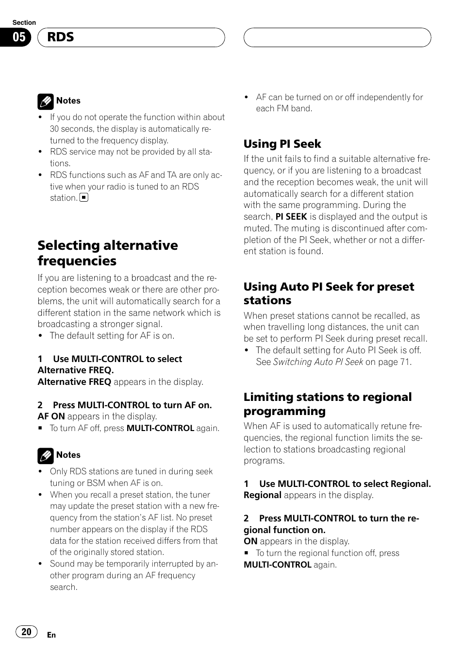 Selecting alternative frequencies, Using pi seek 20, Using auto pi seek for preset | Stations, Limiting stations to regional, Programming, Using pi seek, Using auto pi seek for preset stations, Limiting stations to regional programming | Pioneer DEH-P88RS User Manual | Page 20 / 180
