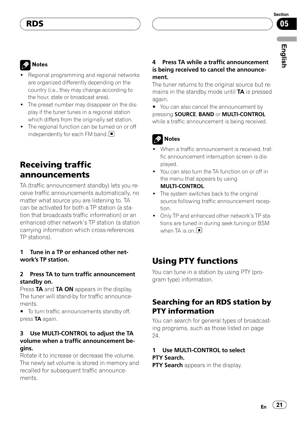 Receiving traffic announcements, Using pty functions, Searching for an rds station by pty | Information, Searching for an rds station by pty information | Pioneer DEH-P88RS User Manual | Page 21 / 180