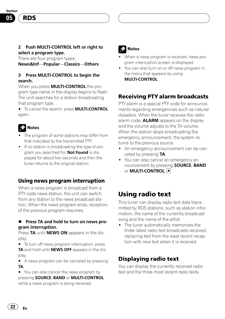 Using news program interruption 22, Receiving pty alarm broadcasts 22, Using radio text | Displaying radio text 22, Using news program interruption, Receiving pty alarm broadcasts, Displaying radio text | Pioneer DEH-P88RS User Manual | Page 22 / 180