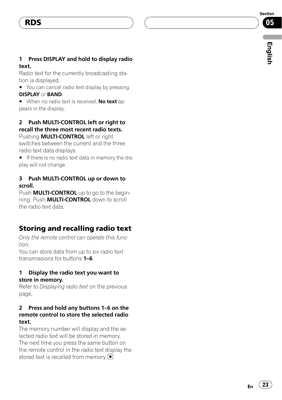 Storing and recalling radio text 23, Storing and recalling radio text | Pioneer DEH-P88RS User Manual | Page 23 / 180