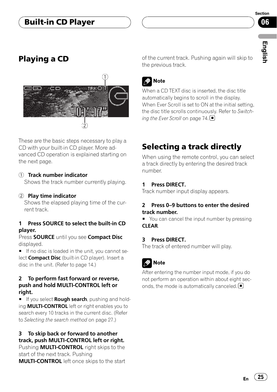 Built-in cd player playing a cd, Selecting a track directly, Playing a cd | Built-in cd player | Pioneer DEH-P88RS User Manual | Page 25 / 180