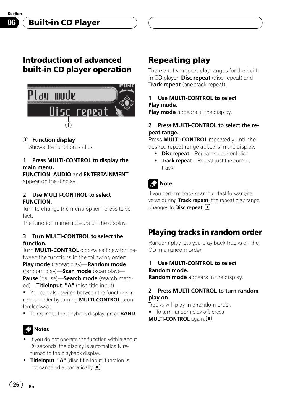 Introduction of advanced built-in cd player, Operation, Repeating play | Playing tracks in random order, Built-in cd player | Pioneer DEH-P88RS User Manual | Page 26 / 180