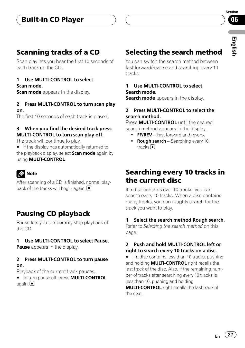 Scanning tracks of a cd, Pausing cd playback, Selecting the search method | Searching every 10 tracks in the current, Disc, Searching every 10 tracks in the current disc, Built-in cd player | Pioneer DEH-P88RS User Manual | Page 27 / 180