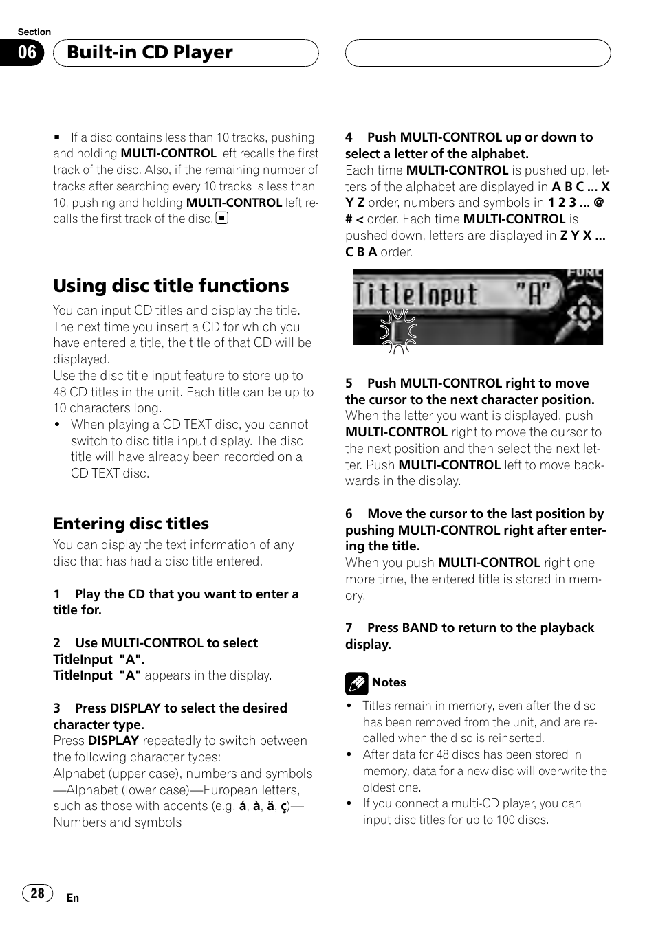 Using disc title functions, Entering disc titles 28, Built-in cd player | Entering disc titles | Pioneer DEH-P88RS User Manual | Page 28 / 180