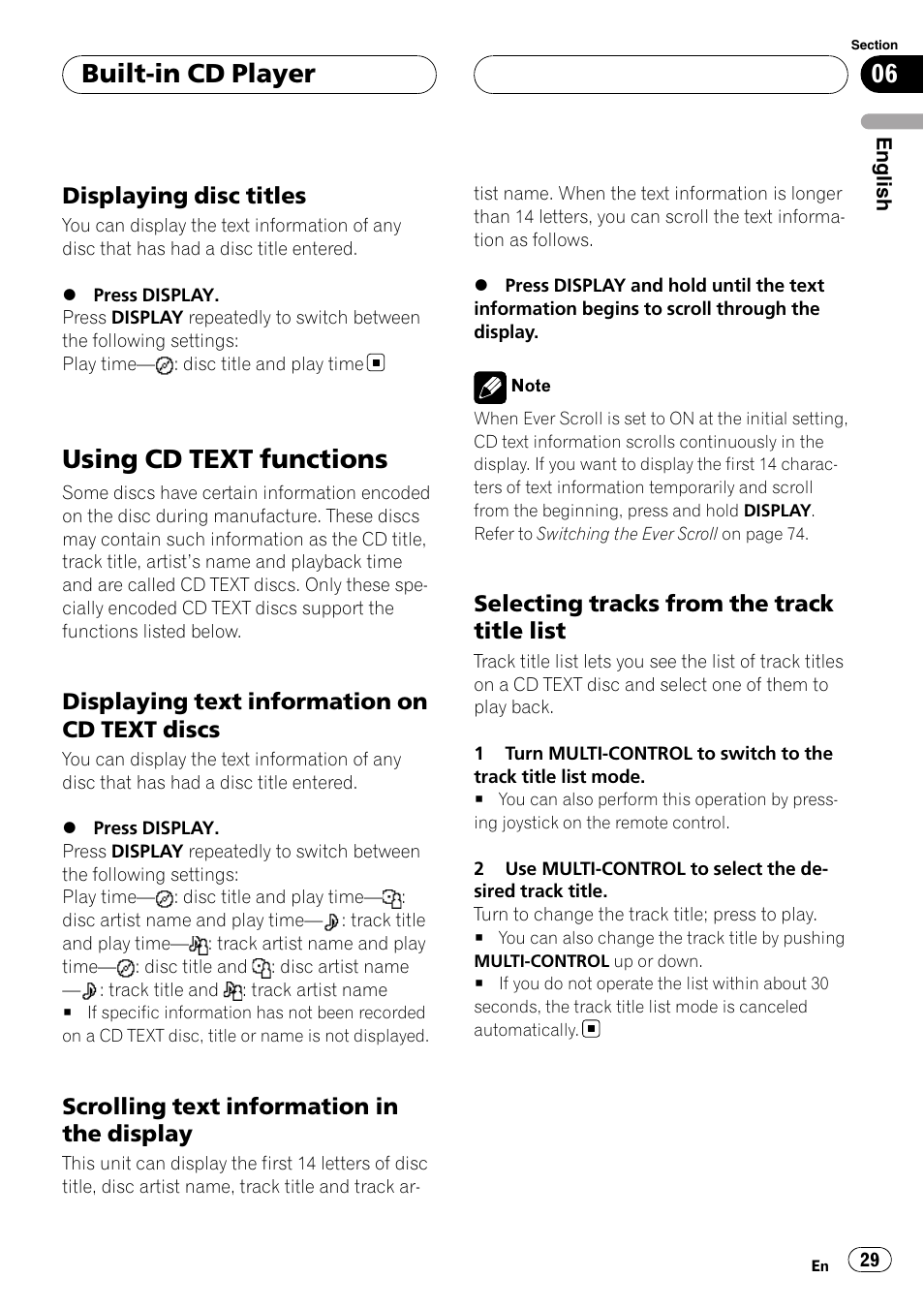 Displaying disc titles 29, Using cd text functions, Displaying text information on cd text | Discs, Scrolling text information in the, Display, Selecting tracks from the track title, List, Built-in cd player, Displaying disc titles | Pioneer DEH-P88RS User Manual | Page 29 / 180
