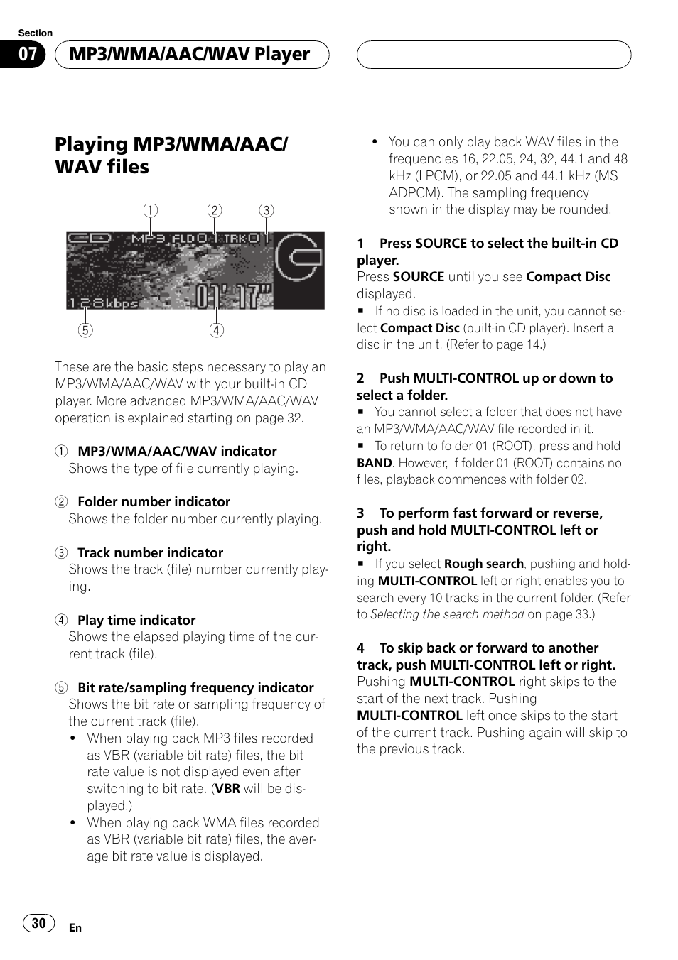 Playing mp3/wma/aac/ wav files, Mp3/wma/aac/wav player | Pioneer DEH-P88RS User Manual | Page 30 / 180