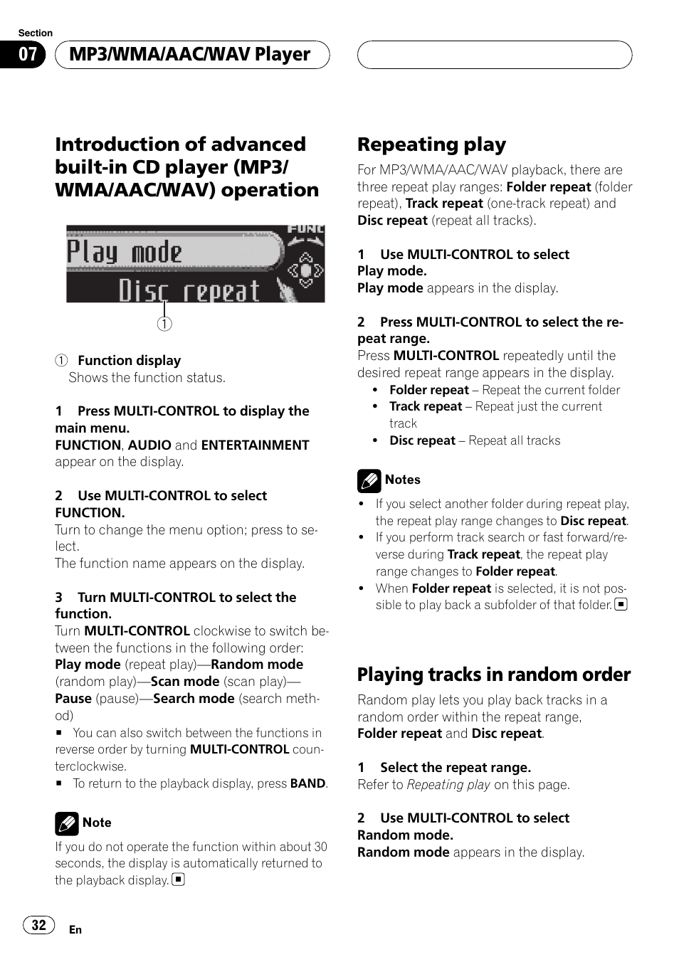 Introduction of advanced built-in cd player, Mp3/wma/aac/wav) operation, Repeating play | Playing tracks in random order, Mp3/wma/aac/wav player | Pioneer DEH-P88RS User Manual | Page 32 / 180