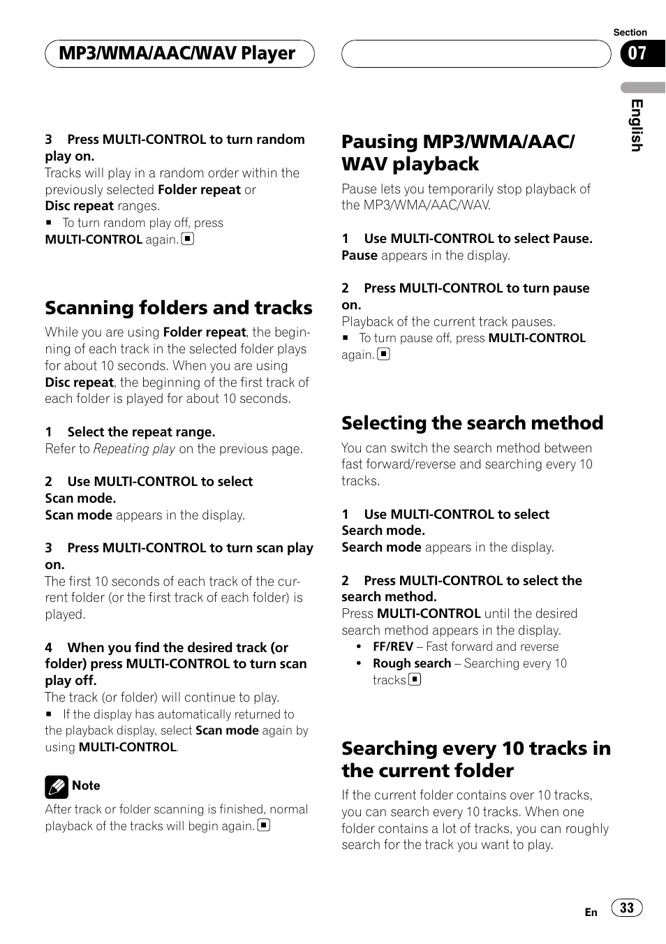 Scanning folders and tracks, Pausing mp3/wma/aac/wav playback, Selecting the search method | Searching every 10 tracks in the current, Folder, Pausing mp3/wma/aac/ wav playback, Searching every 10 tracks in the current folder, Mp3/wma/aac/wav player | Pioneer DEH-P88RS User Manual | Page 33 / 180