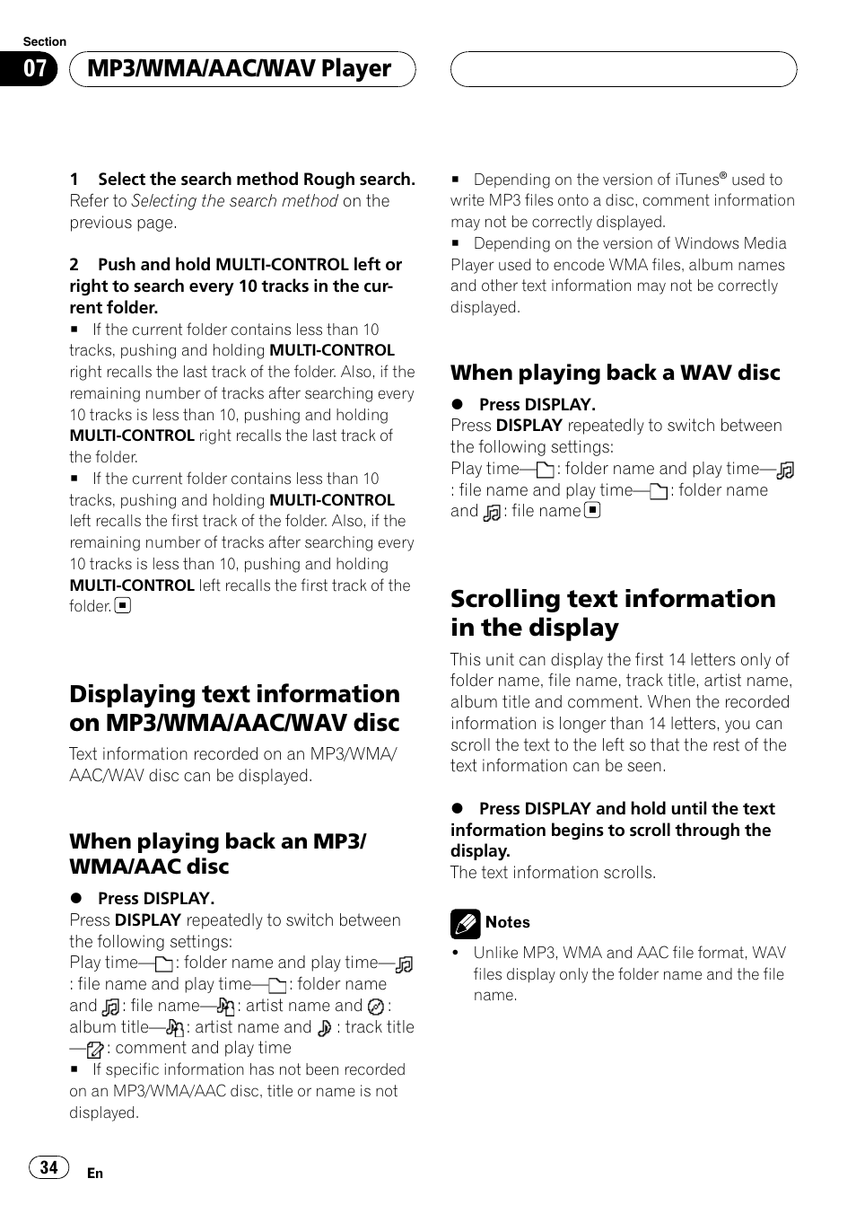 Displaying text information on mp3/wma, Aac/wav disc, When playing back an mp3/wma/aac | Disc, When playing back a wav disc 34, Scrolling text information in the display, Mp3/wma/aac/wav player, When playing back an mp3/ wma/aac disc, When playing back a wav disc | Pioneer DEH-P88RS User Manual | Page 34 / 180