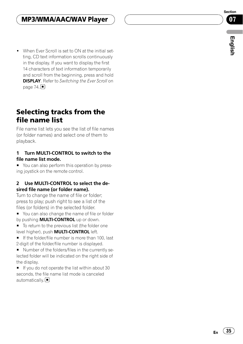 Selecting tracks from the file name list, Mp3/wma/aac/wav player | Pioneer DEH-P88RS User Manual | Page 35 / 180