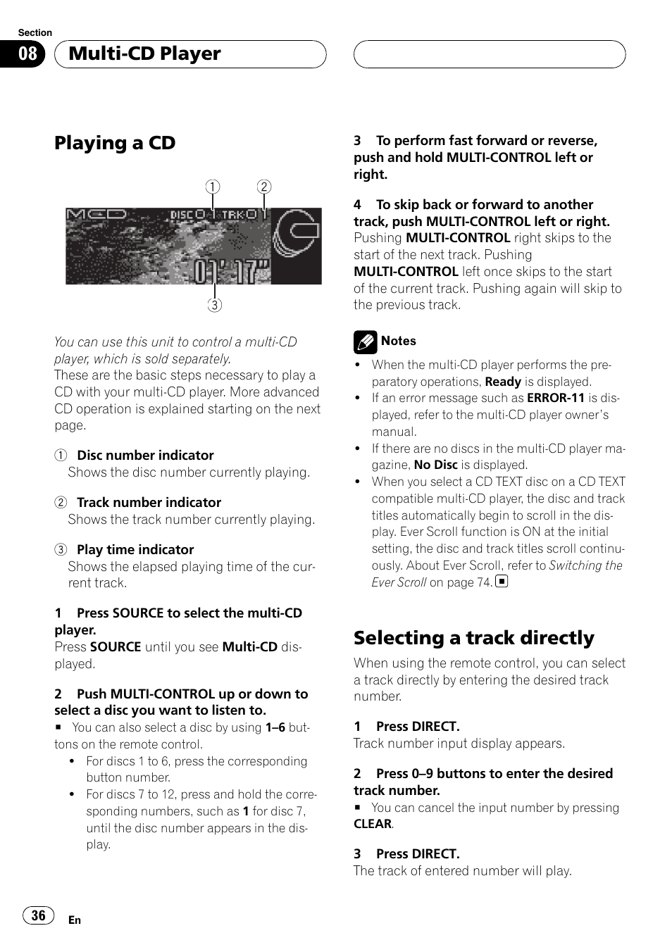 Multi-cd player playing a cd, Selecting a track directly, Playing a cd | Multi-cd player | Pioneer DEH-P88RS User Manual | Page 36 / 180