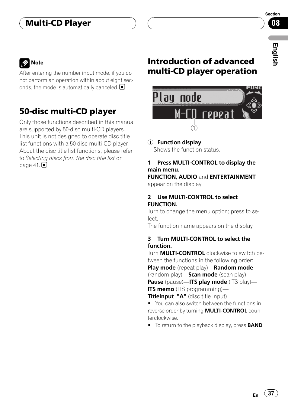 Disc multi-cd player, Introduction of advanced multi-cd player, Operation | Introduction of advanced multi-cd player operation, Multi-cd player | Pioneer DEH-P88RS User Manual | Page 37 / 180