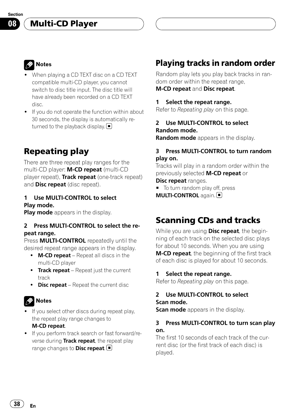 Repeating play, Playing tracks in random order, Scanning cds and tracks | Multi-cd player | Pioneer DEH-P88RS User Manual | Page 38 / 180