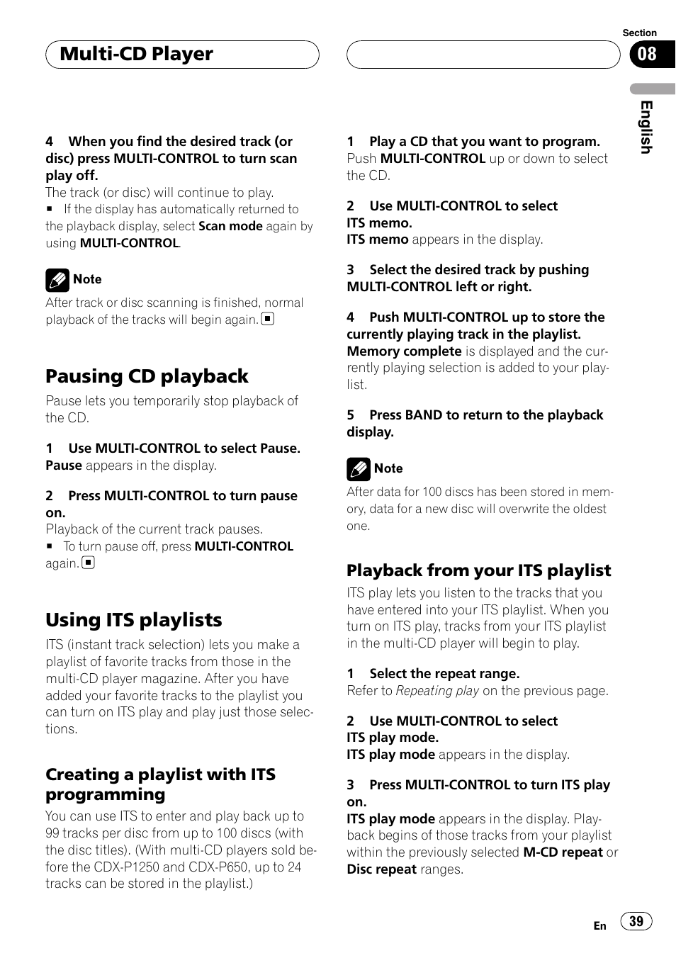 Pausing cd playback, Using its playlists, Creating a playlist with its | Programming, Playback from your its playlist 39, Multi-cd player, Creating a playlist with its programming, Playback from your its playlist | Pioneer DEH-P88RS User Manual | Page 39 / 180