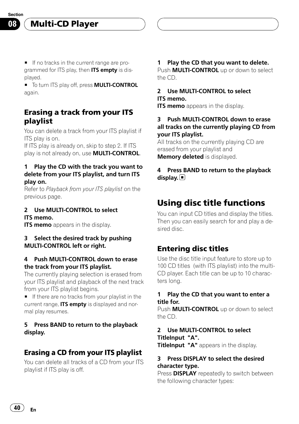 Erasing a track from your its, Playlist, Erasing a cd from your its playlist 40 | Using disc title functions, Entering disc titles 40, Multi-cd player, Erasing a track from your its playlist, Erasing a cd from your its playlist, Entering disc titles | Pioneer DEH-P88RS User Manual | Page 40 / 180