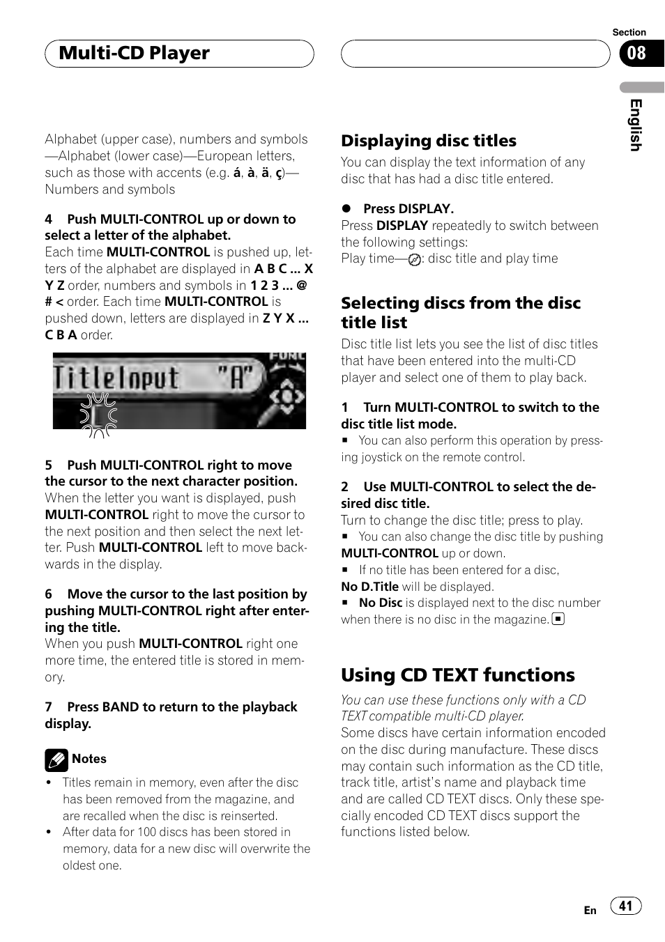 Displaying disc titles 41, Selecting discs from the disc title, List | Using cd text functions, Multi-cd player, Displaying disc titles, Selecting discs from the disc title list | Pioneer DEH-P88RS User Manual | Page 41 / 180