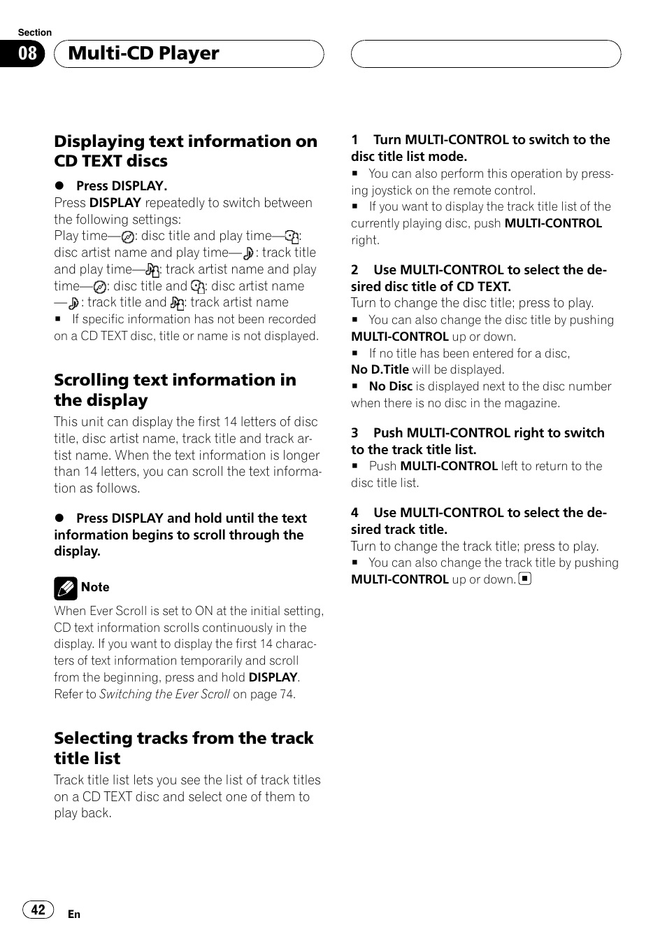 Displaying text information on cd text, Discs, Scrolling text information in the | Display, Selecting tracks from the track title, List, Multi-cd player, Displaying text information on cd text discs, Scrolling text information in the display, Selecting tracks from the track title list | Pioneer DEH-P88RS User Manual | Page 42 / 180