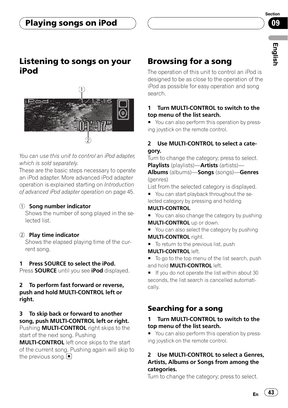 Browsing for a song, Searching for a song 43, Listening to songs on your ipod | Playing songs on ipod | Pioneer DEH-P88RS User Manual | Page 43 / 180