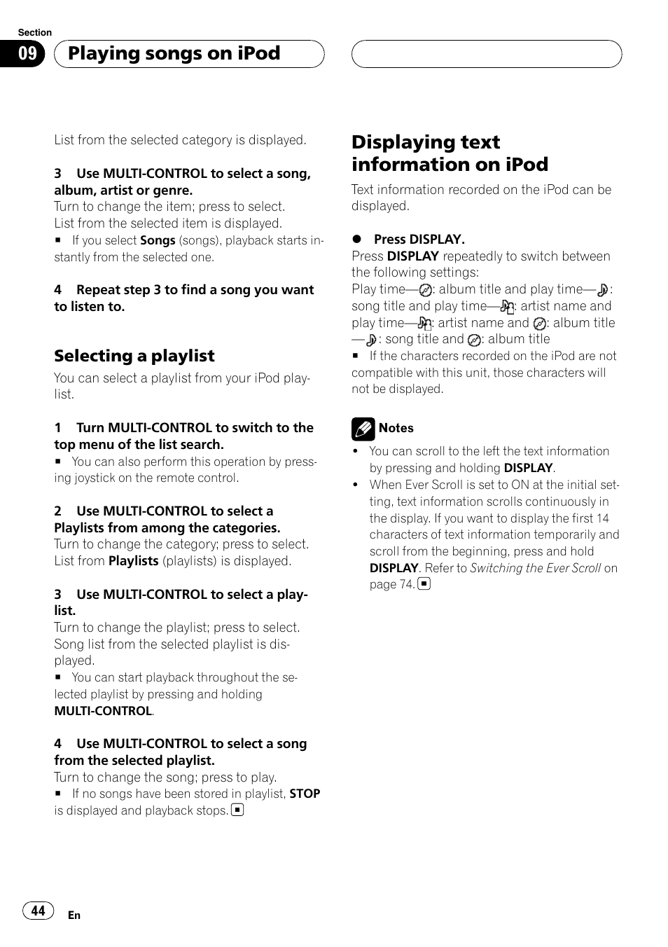 Selecting a playlist 44, Displaying text information on ipod, Playing songs on ipod | Selecting a playlist | Pioneer DEH-P88RS User Manual | Page 44 / 180