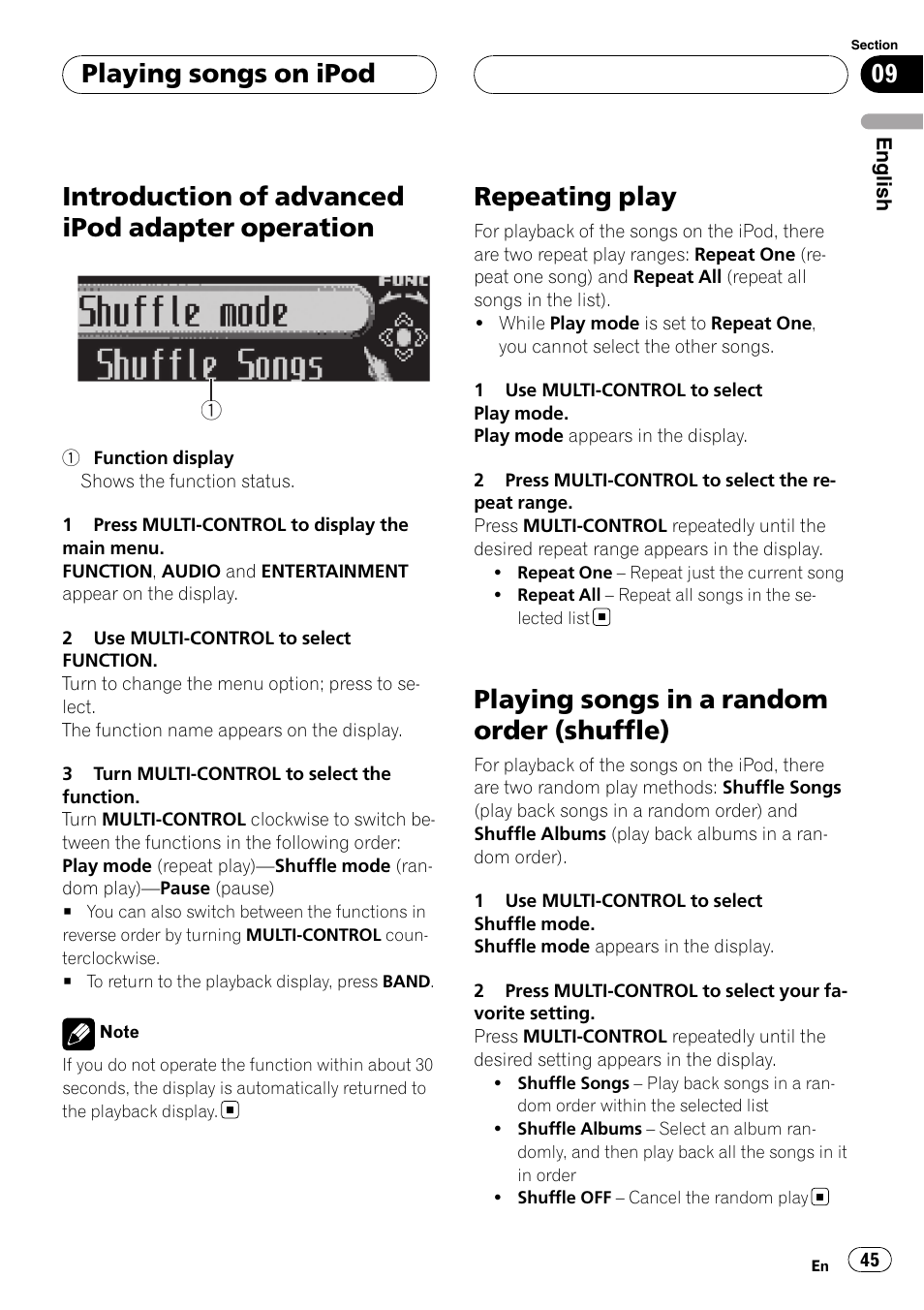 Introduction of advanced ipod adapter, Operation, Repeating play | Playing songs in a random order, Shuffle), Introduction of advanced ipod adapter operation, Playing songs in a random order (shuffle), Playing songs on ipod | Pioneer DEH-P88RS User Manual | Page 45 / 180