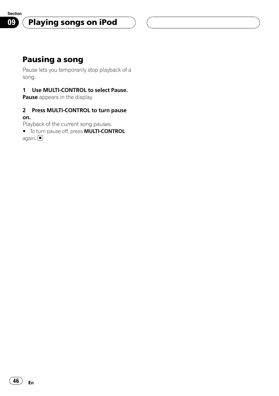 Pausing a song, Playing songs on ipod | Pioneer DEH-P88RS User Manual | Page 46 / 180