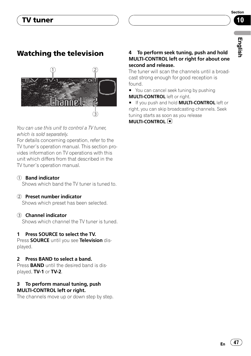 Tv tuner watching the television, Watching the television, Tv tuner | Pioneer DEH-P88RS User Manual | Page 47 / 180