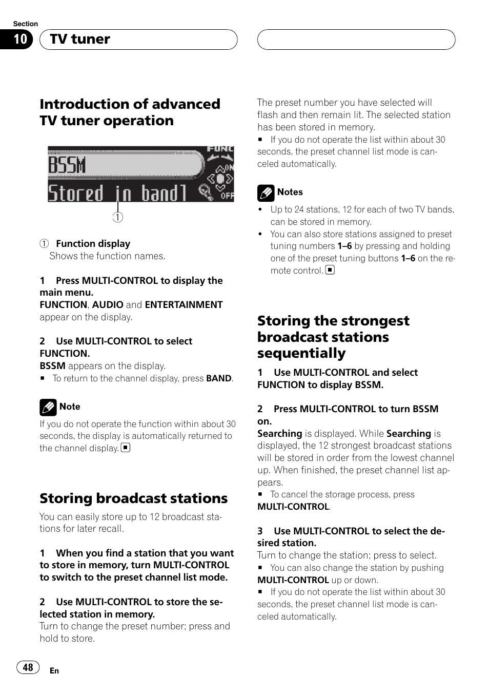Introduction of advanced tv tuner, Operation, Storing broadcast stations | Storing the strongest broadcast stations, Sequentially, Introduction of advanced tv tuner operation, Tv tuner | Pioneer DEH-P88RS User Manual | Page 48 / 180