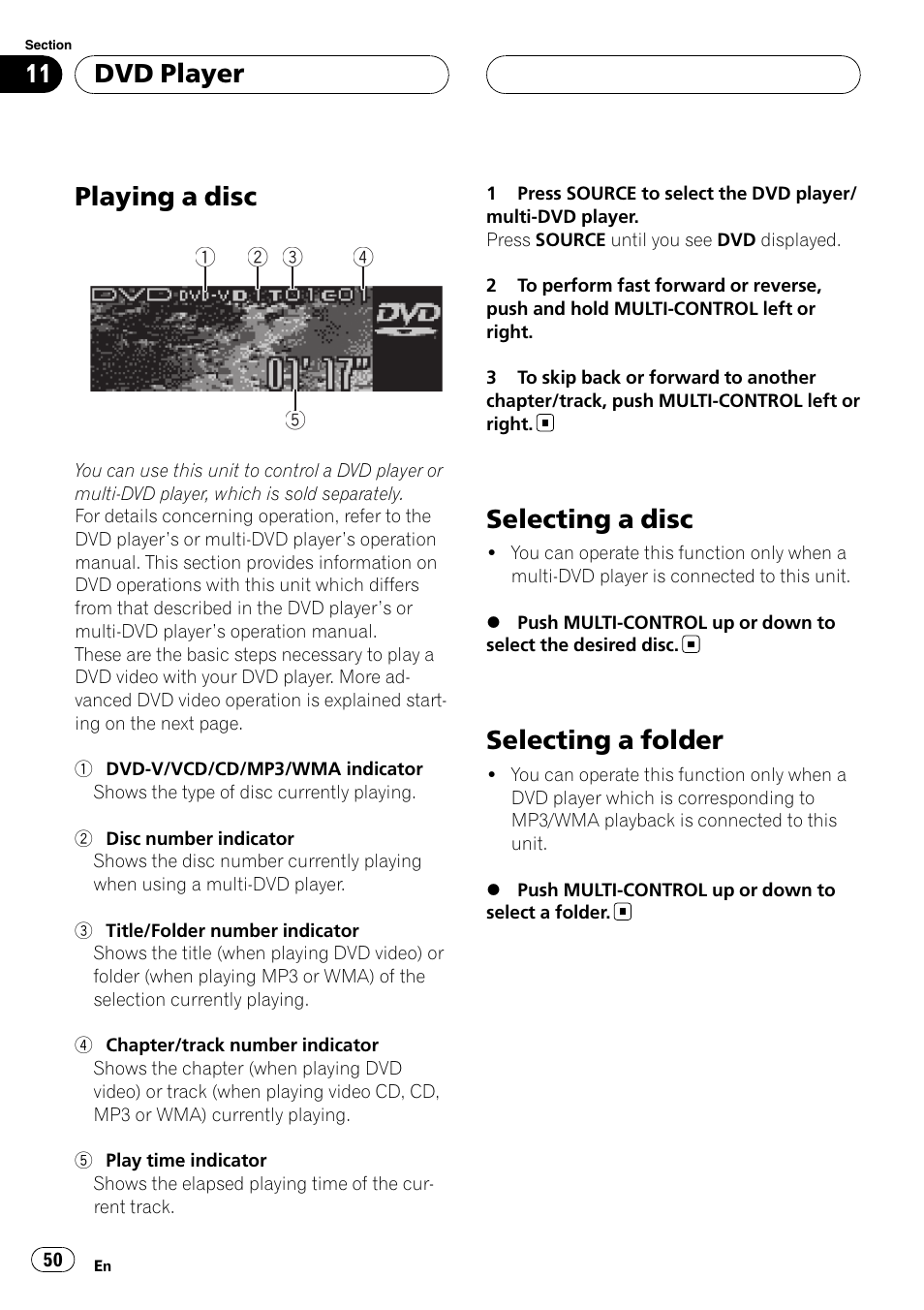 Dvd player playing a disc, Selecting a disc, Selecting a folder | Playing a disc, Dvd player | Pioneer DEH-P88RS User Manual | Page 50 / 180