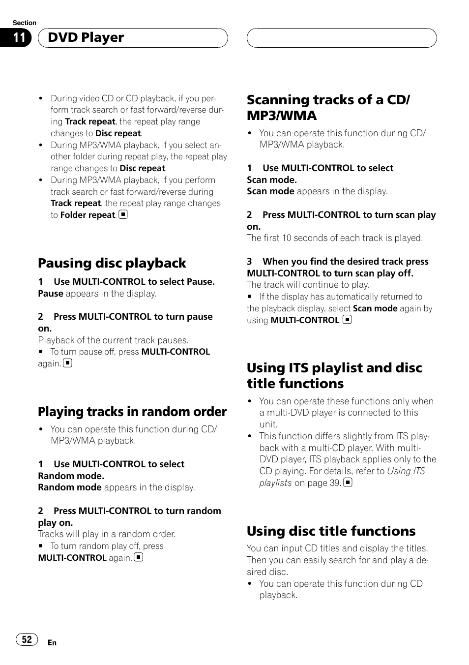 Pausing disc playback, Playing tracks in random order, Scanning tracks of a cd/mp3/wma | Using its playlist and disc title functions, Using disc title functions, Scanning tracks of a cd/ mp3/wma, Dvd player | Pioneer DEH-P88RS User Manual | Page 52 / 180
